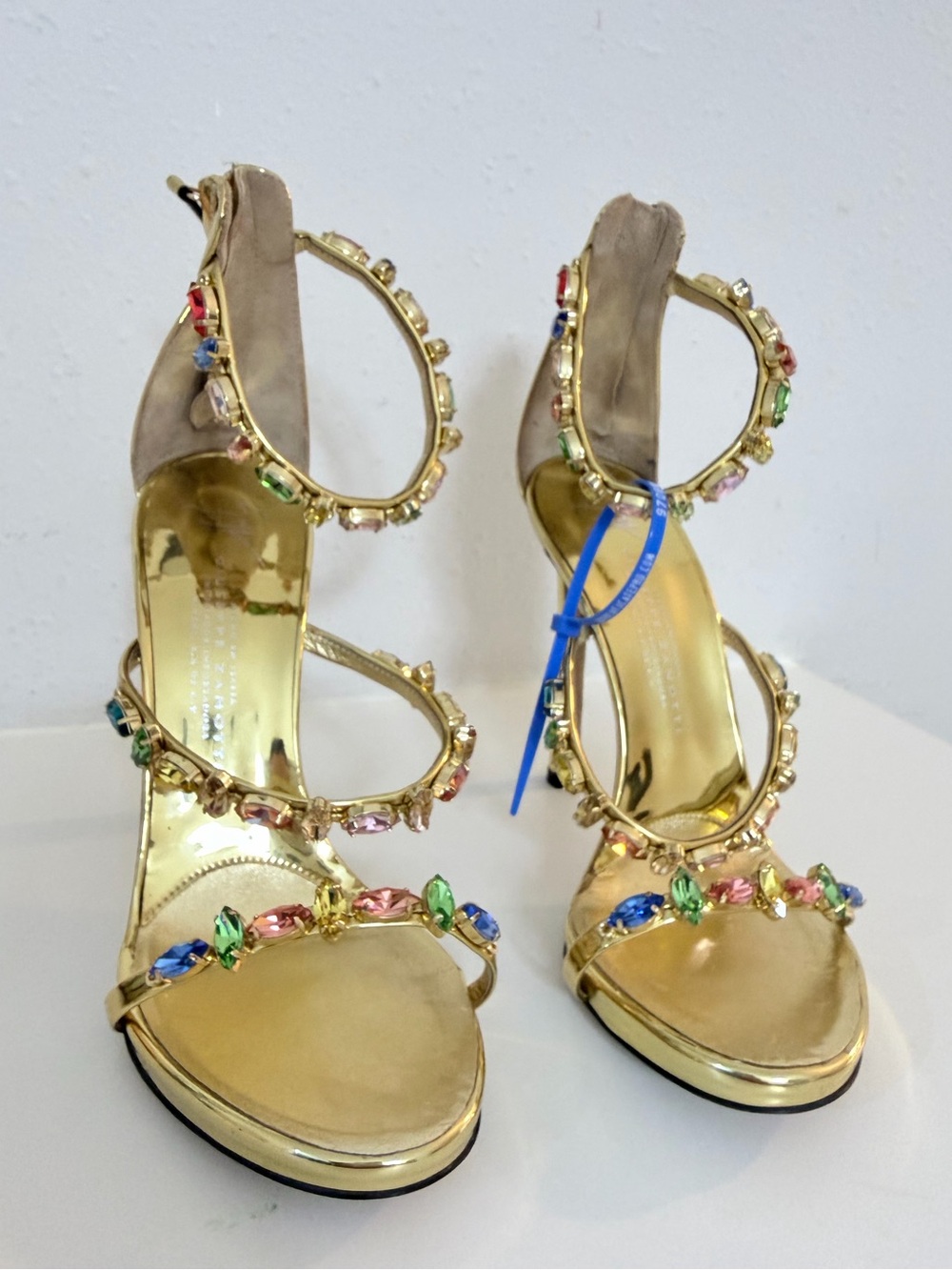 Giuseppe Zanotti Harmony Gold Jeweled Multicolor Crystal-Strap Heels size 37.5 - Picture 4 of 17